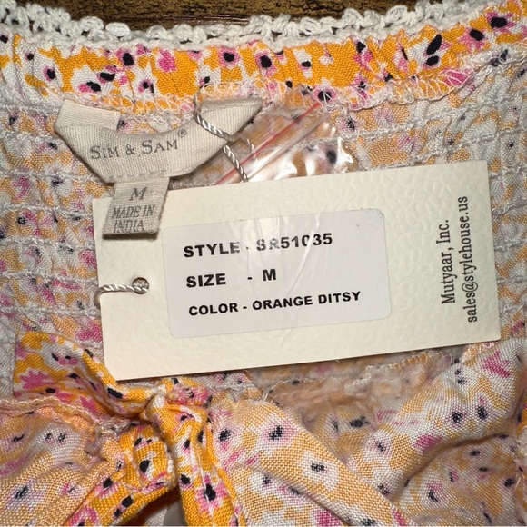 Sim & Sam Top Womens Medium Orange Ditsy Floral Smocked Ruffle Crop Y2K Boho NEW - Picture 5 of 10